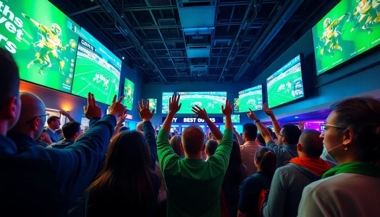 Excited fans engaging in sports betting in New Brunswick with vibrant atmosphere.