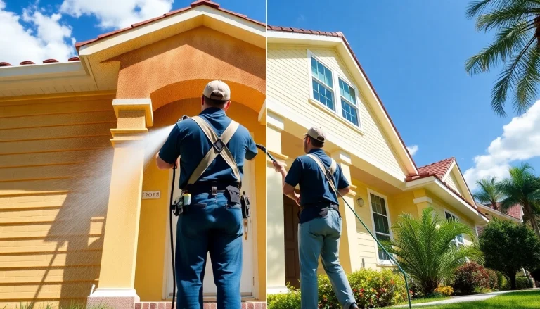 Professional crew performing a pressure wash on a residential home in Kissimmee, FL