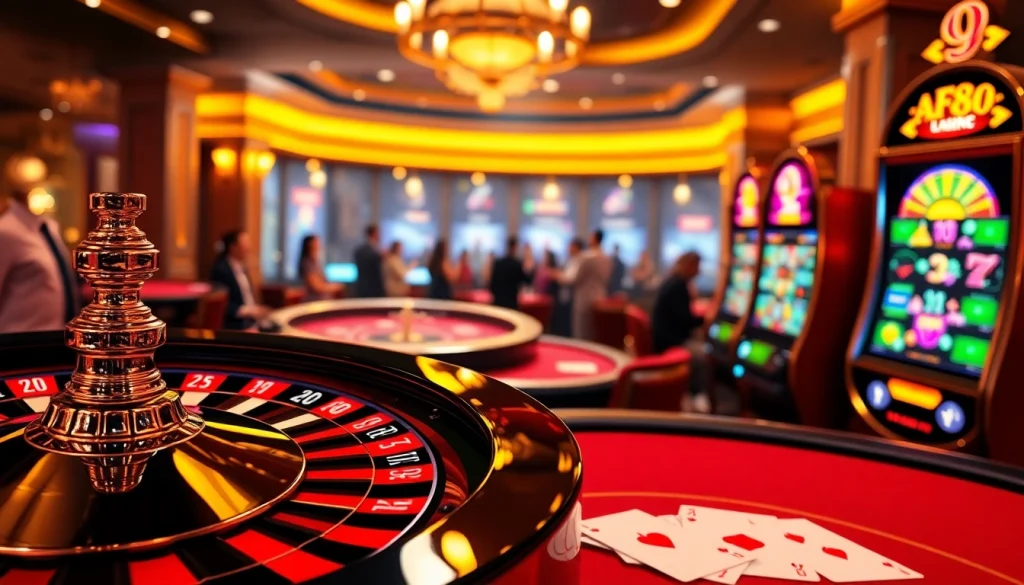 Engaging casino scene showcasing AF88 COM excitement with roulette, poker, and slot machines.
