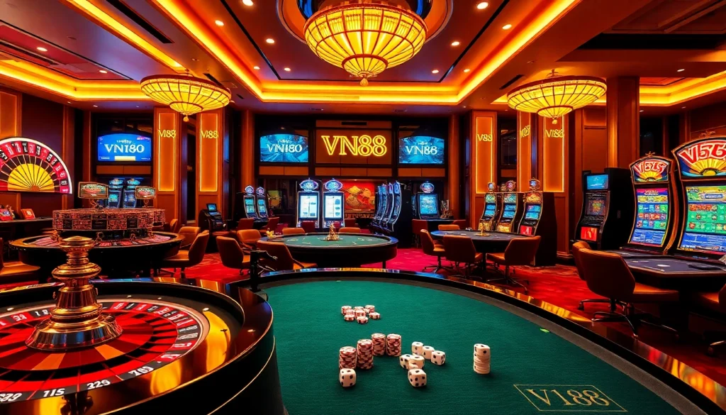 VN88 players strategizing at roulette and poker tables in a luxurious casino setting.