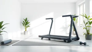Walking pad treadmill manufacturer showcasing a modern, compact treadmill in a bright home gym.