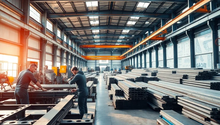 Workers skillfully shaping steel in a vibrant steel fabrication shop.