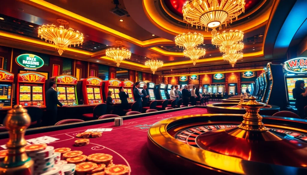 W88 offers an exciting casino atmosphere with vibrant poker games and illuminated slot machines.