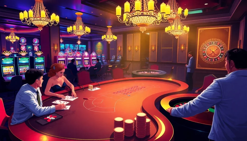 Vibrant casino scene showcasing the excitement of link MMOO with poker games and roulette.