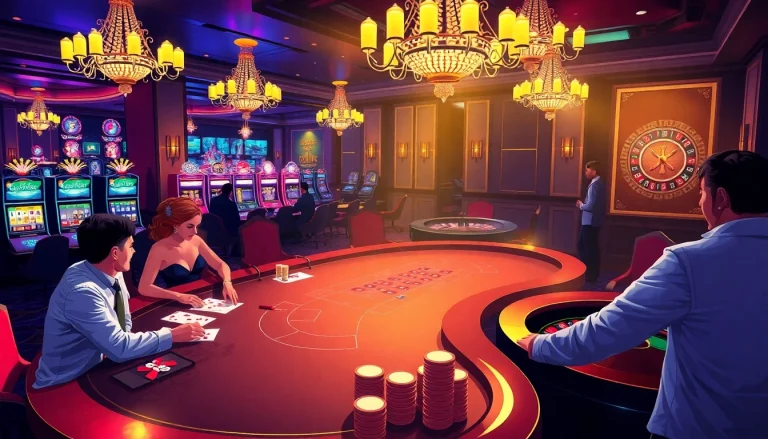 Vibrant casino scene showcasing the excitement of link MMOO with poker games and roulette.