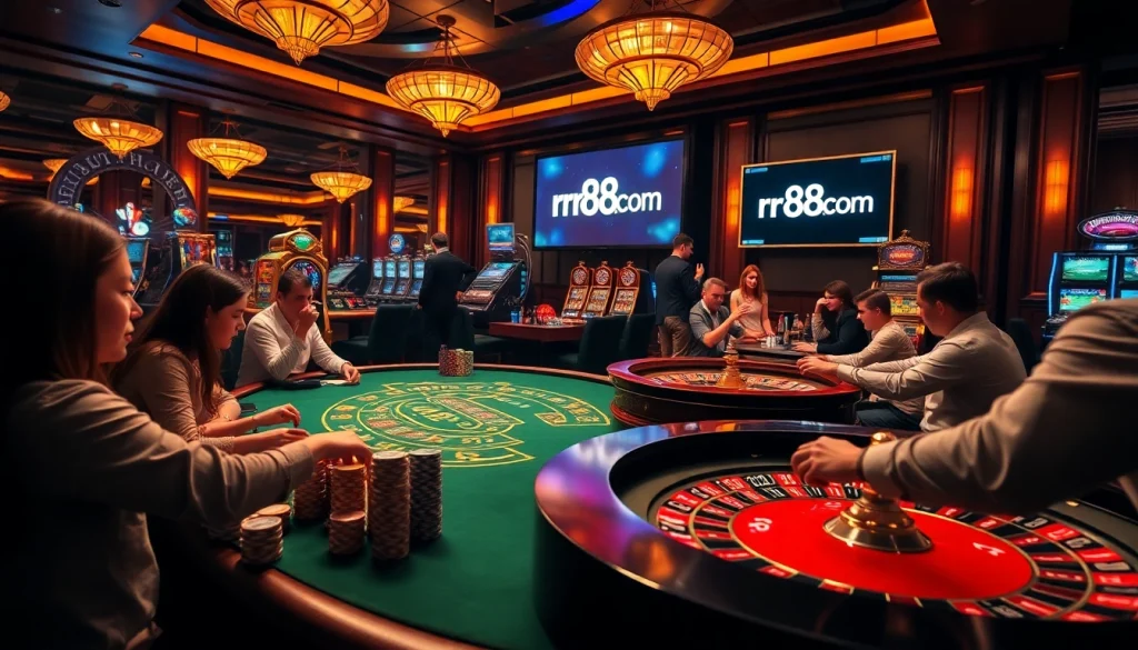 Experience the excitement at rr88com’s vibrant casino tables with players and roulette action.