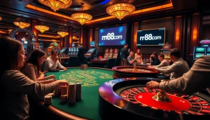 Experience the excitement at rr88com’s vibrant casino tables with players and roulette action.