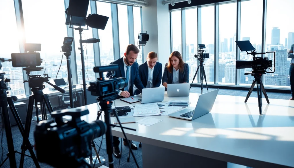 Team engaged in corporate video production planning, showcasing creativity and collaboration.