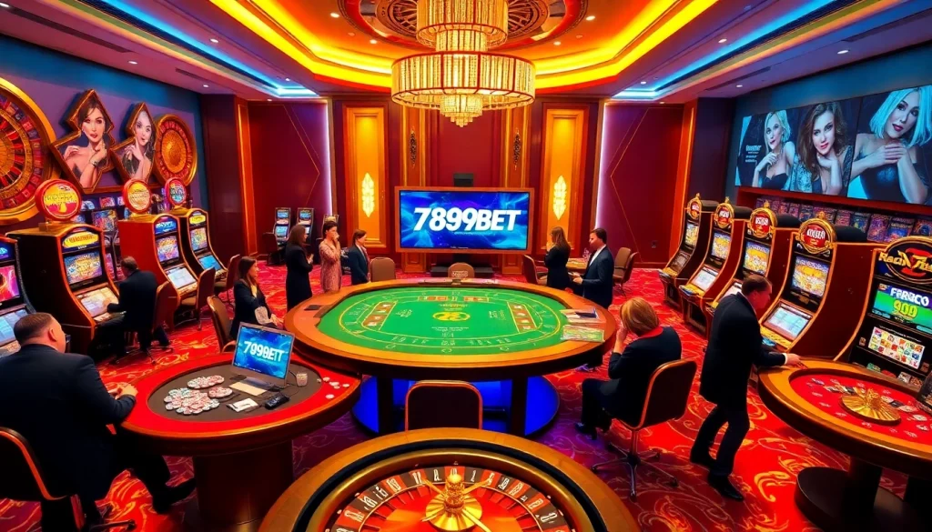 Engage with 789BET đăng nhập on a lively casino floor filled with table games and slot machines.