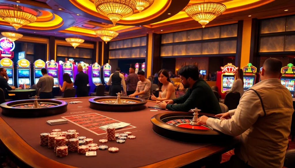 Experience the excitement of gambling with 188bet in a vibrant casino scene featuring poker tables and slot machines.