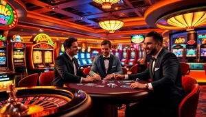 Rio themed casino scene with players excitedly engaging in poker and slot machines.