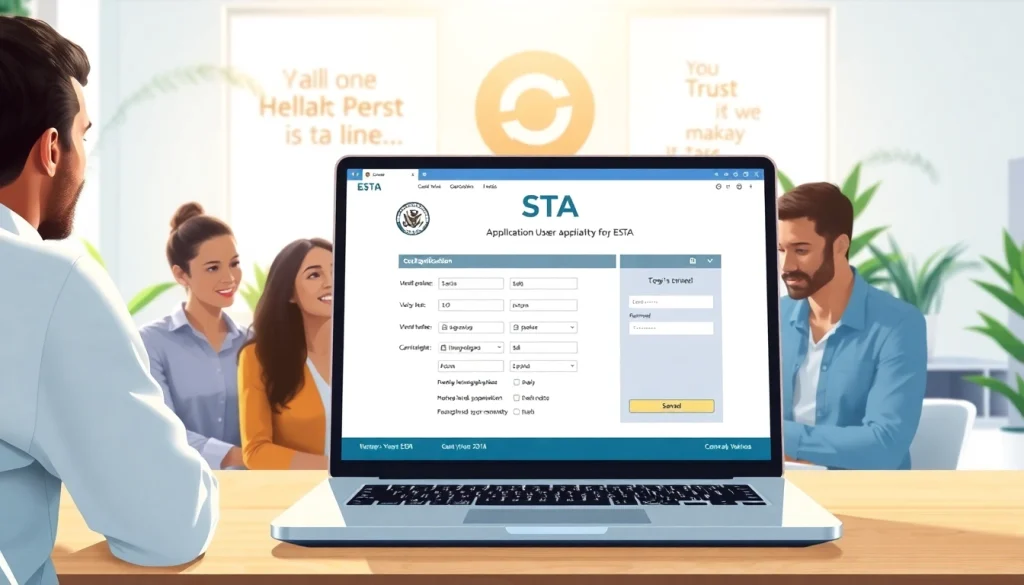 Engaged individuals navigating the ESTA application process on a modern laptop.