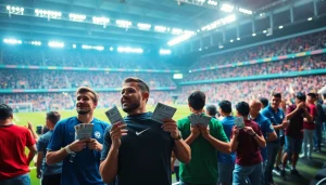 Penggemar judi bola bersemangat menyaksikan taruhan langsung di stadion yang ramai.
