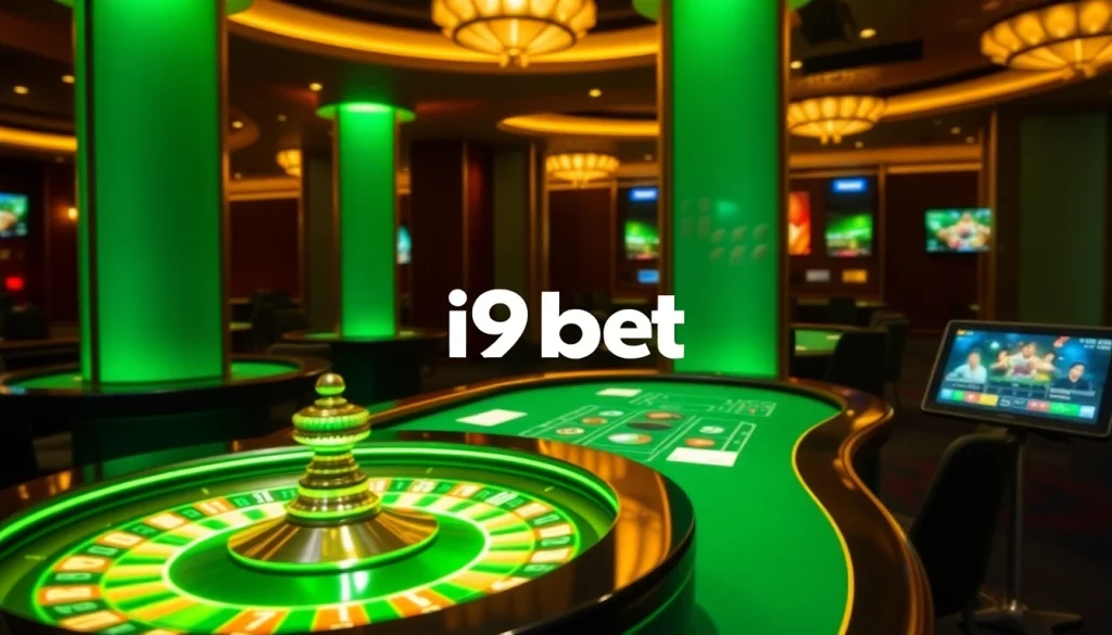 Engaging online gambling scene at i9bet featuring vibrant roulette and poker tables.