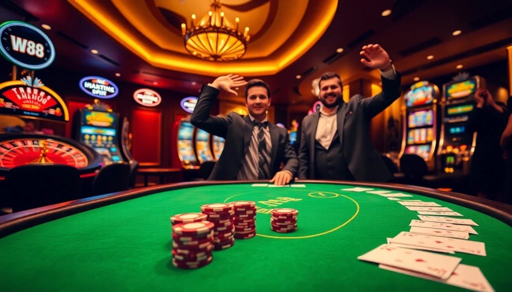 Experience the excitement of w88 gaming at a vibrant casino with poker chips and slot machines.