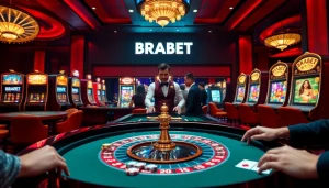 Players engaging at the BRABET casino, featuring roulette tables and vibrant slot machines.