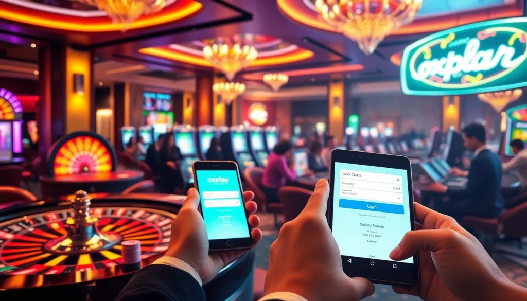 Experience the thrill of online gaming with oxplay login, as players engage at luxurious casino tables and vibrant slot machines.