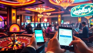 Experience the thrill of online gaming with oxplay login, as players engage at luxurious casino tables and vibrant slot machines.