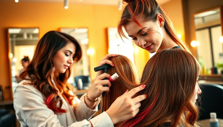 Expert hairstylist craiova demonstrating creative hair techniques in a stylish salon setting.