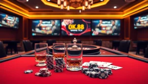 The vibrant casino atmosphere featuring various gaming elements highlights the services of https://ok88.tech/ for an engaging gambling experience.