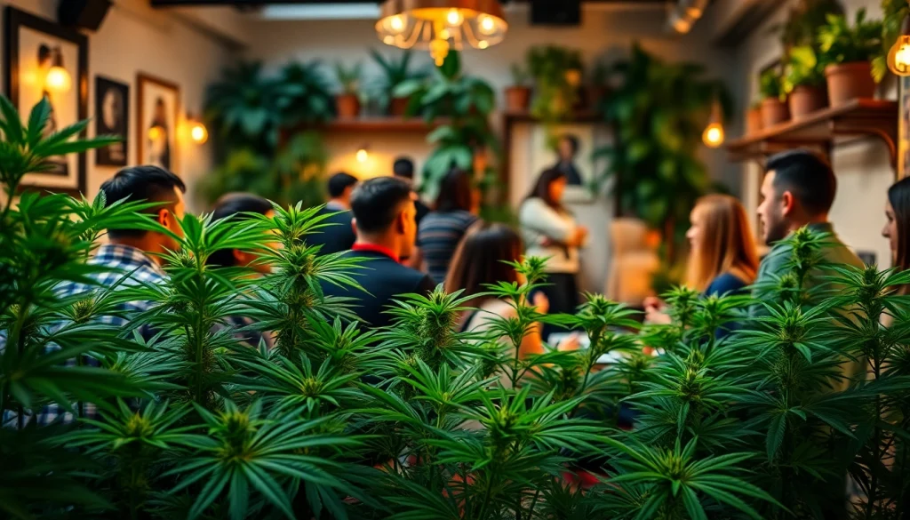 Cannabis club members enjoying community at Club Cannabis Madrid, in a warm atmosphere.