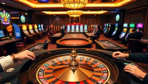 Experience thrilling gameplay with MM88 at a vibrant casino filled with roulette wheels and poker tables.