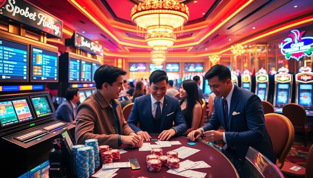 Sbobet betting scene with vibrant casino elements, showcasing excitement in sports gambling.