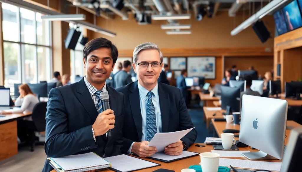 Engaging news scene featuring https://southernmarylandchronicle.com with active reporters and vibrant workspace.