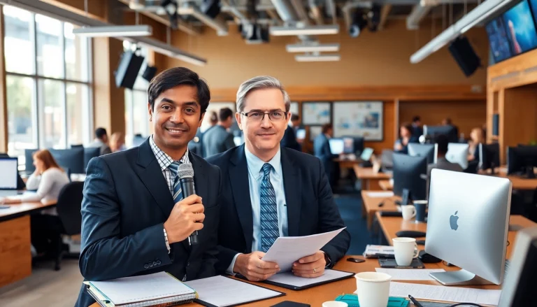 Engaging news scene featuring https://southernmarylandchronicle.com with active reporters and vibrant workspace.