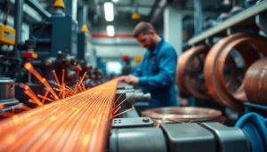 Visual of a flexible wire manufacturer showcasing machinery and skilled technicians.