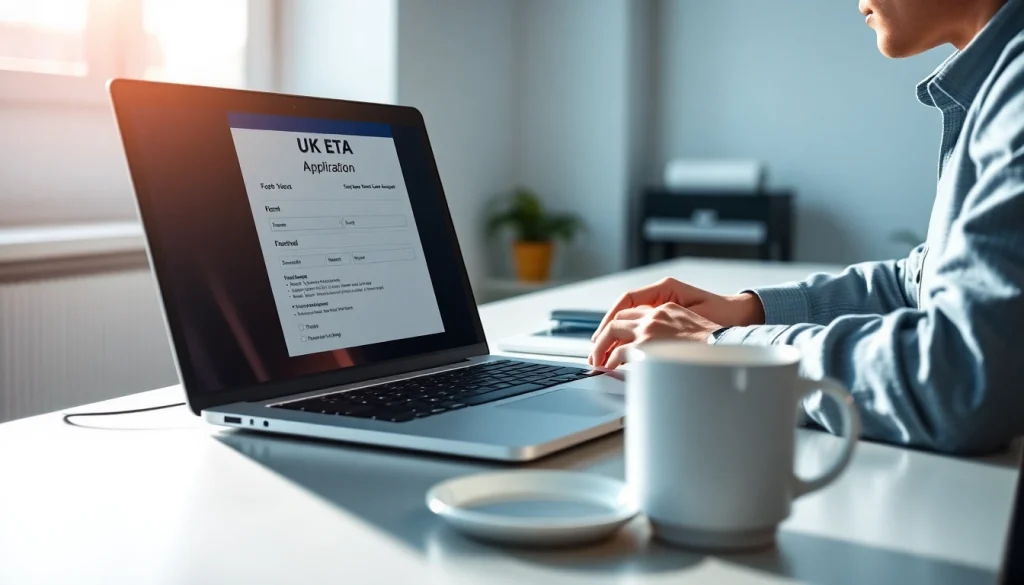 Complete your uk eta online application with ease using a laptop at a modern workspace.