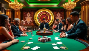 Exciting poker game at a bustling casino table, showcasing https://88t.art/ gaming experience.