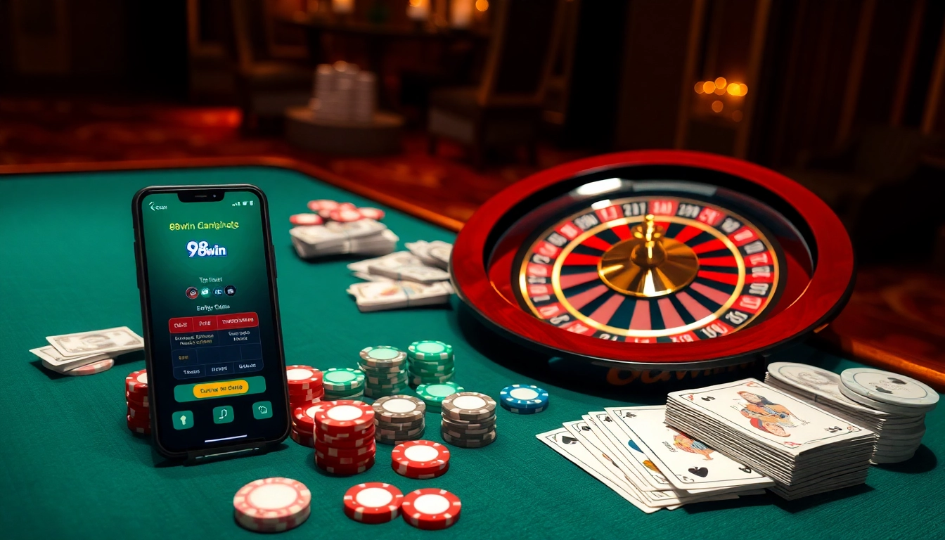 Exciting casino table scene featuring 98win club poker chips and cards, highlighting thrilling gambling moments.