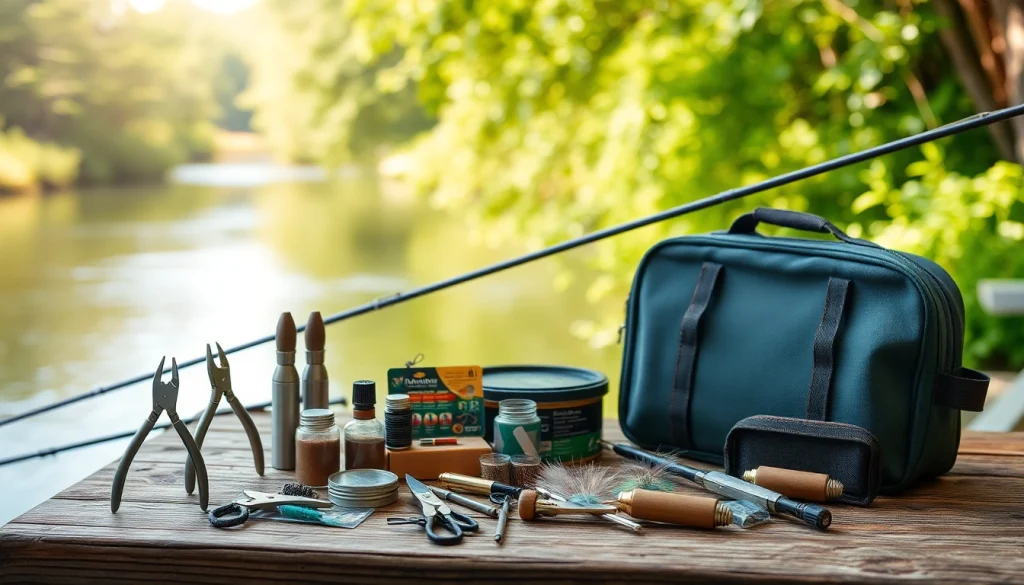Showcase of fly fishing accessories including nippers, fly boxes, and pliers arranged by a riverbank.