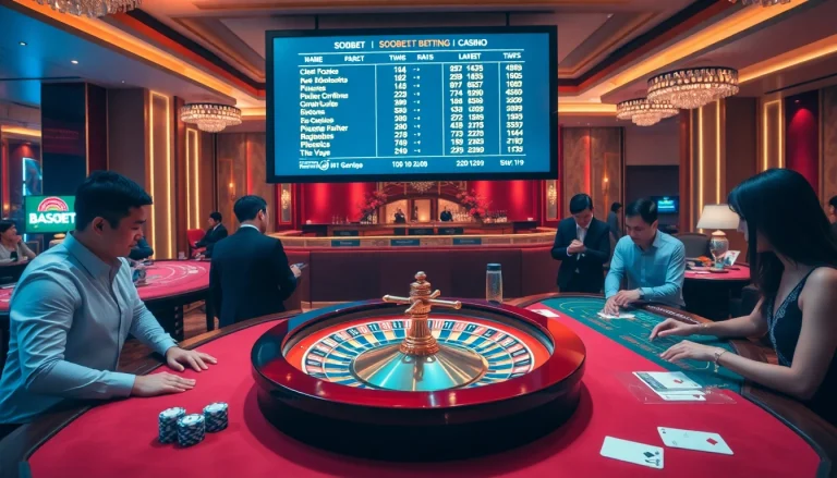 Sbobet players enjoying a thrilling roulette experience at a luxurious casino.