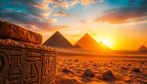 Pyramids standing tall against a sunset backdrop, showcasing their ancient majesty.