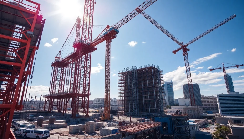 Austin construction site showcasing active cranes and workers under bright sunlight.