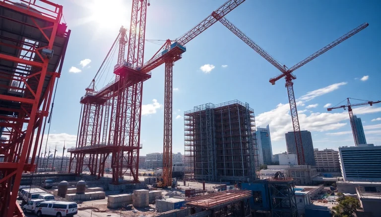Austin construction site showcasing active cranes and workers under bright sunlight.
