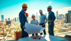 Construction association Denver members discussing blueprints outdoors in a bustling cityscape.