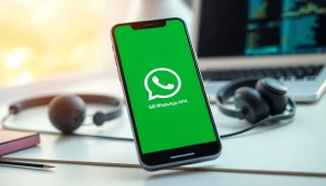 Discover the features of GB WhatsApp APK on a mobile screen in a modern workspace.