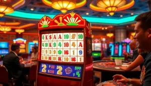 Experience wins on mahjong ways 2 slot machine, surrounded by casino excitement and vibrant decor.