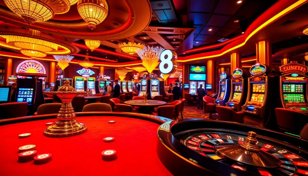 S8 casino scene featuring vibrant poker tables and spinning roulette wheels to capture the excitement of gambling.