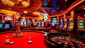 S8 casino scene featuring vibrant poker tables and spinning roulette wheels to capture the excitement of gambling.