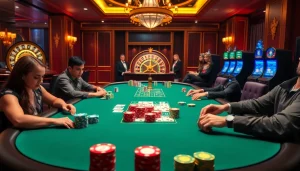Players enjoying a thrilling poker game at Nhà cái QQ88 with vibrant casino elements.