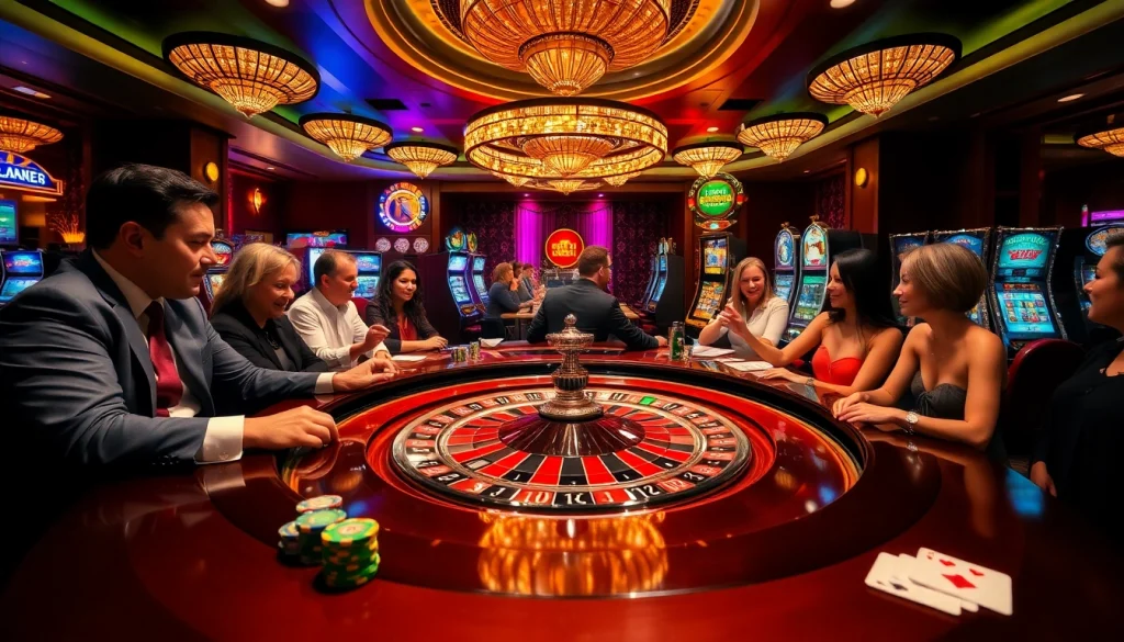 Gambling scene at bdjl.org featuring a lively roulette table with players and vibrant slot machines.