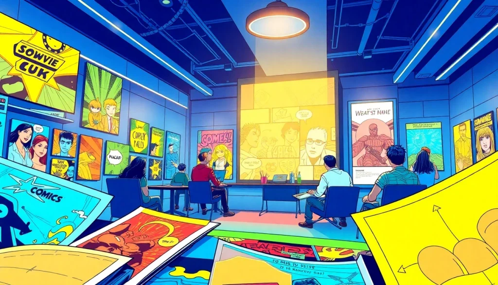 뉴토끼 웹툰 플랫폼의 코믹 패널을 보여주는 생동감 있는 일러스트