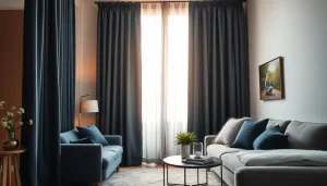 Verduisterende gordijnen in een stijlvolle woonkamer, die comfort en privacy bieden.