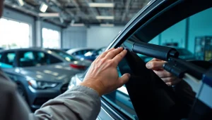 Installing window tint near me in a professional auto shop, highlighting expert technicians.