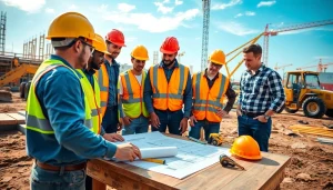 Construction association South Carolina professionals collaborating on a busy building site.