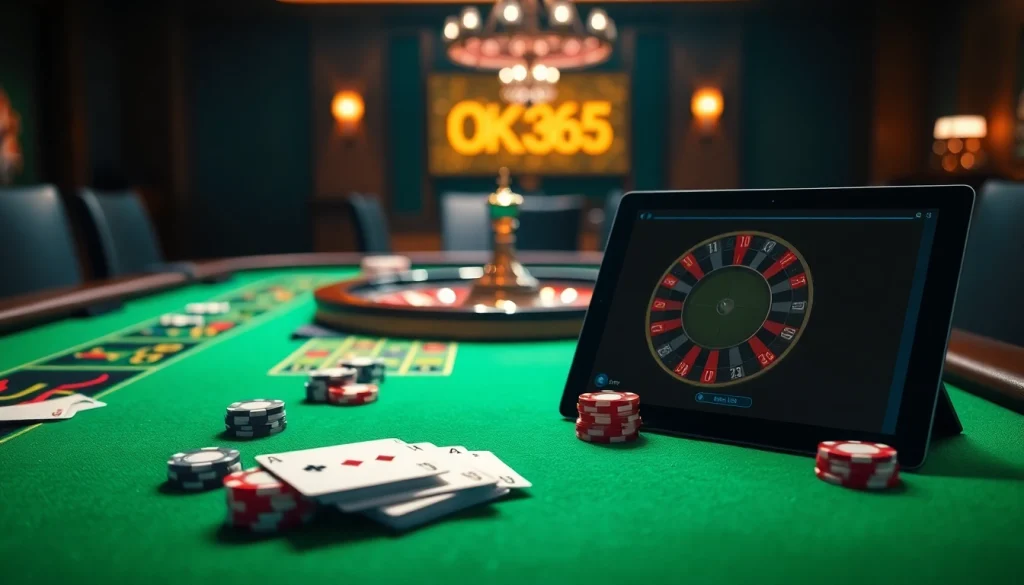 Experience the luxury of online gambling at OK365 with a vibrant casino table, cards, and roulette wheel.